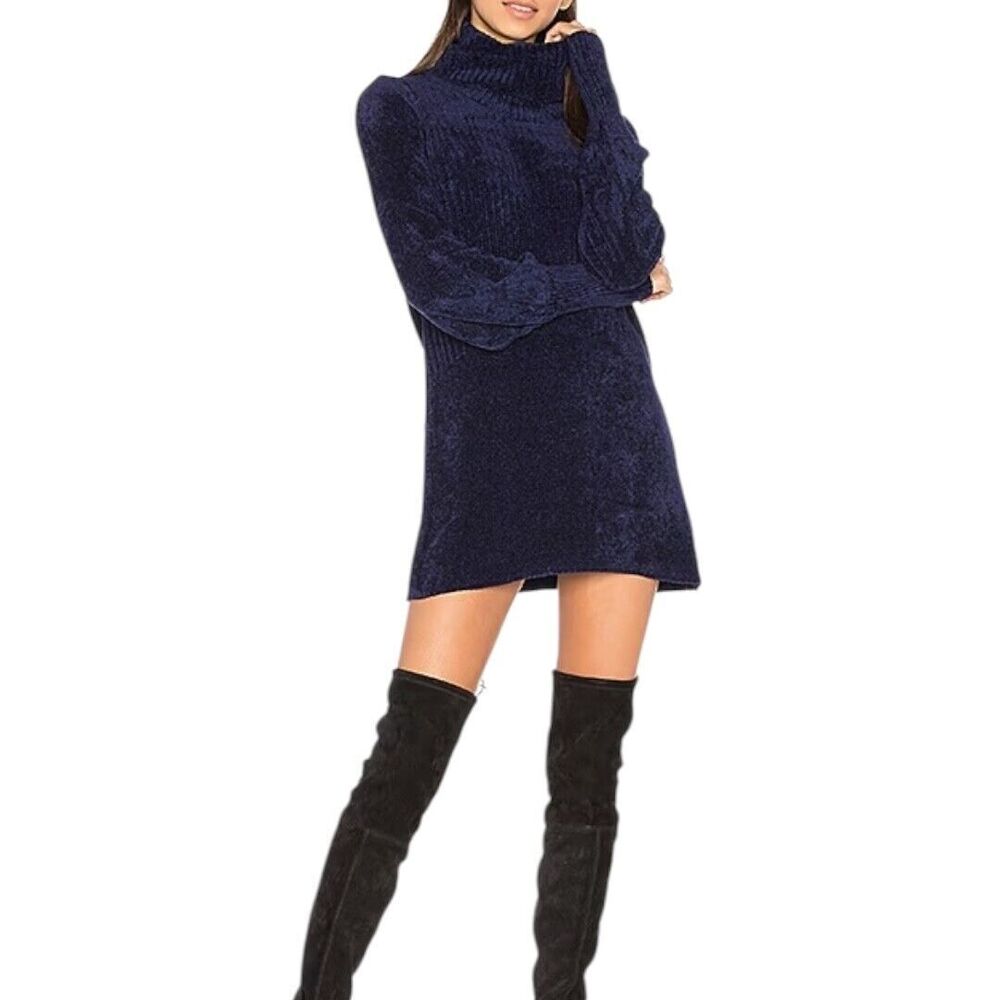 Free People New Moon Chenille Tunic Sweater Mini Dress Navy Blue Size Large